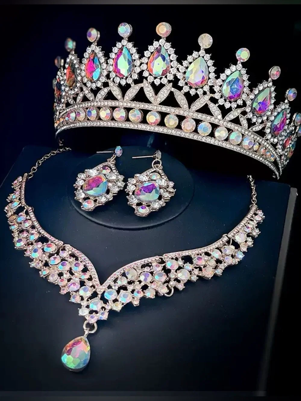 Iridescent Crystal Tiara, Necklace & Earrings Set - Multicolor Sparkle